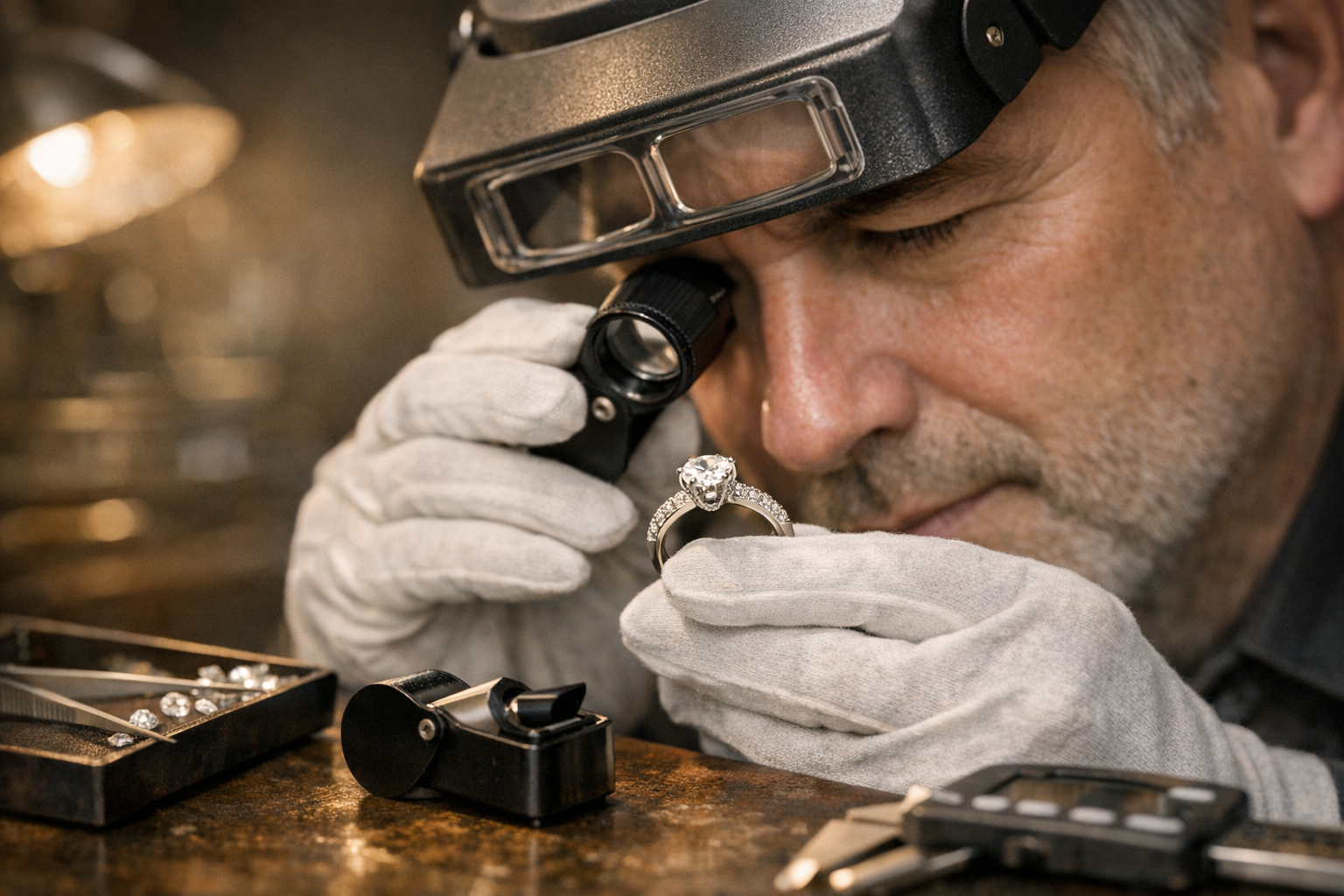 Ring appraisal context image for checking metal, gemstone, hallmarks, setting, measurements, condition, and documentation