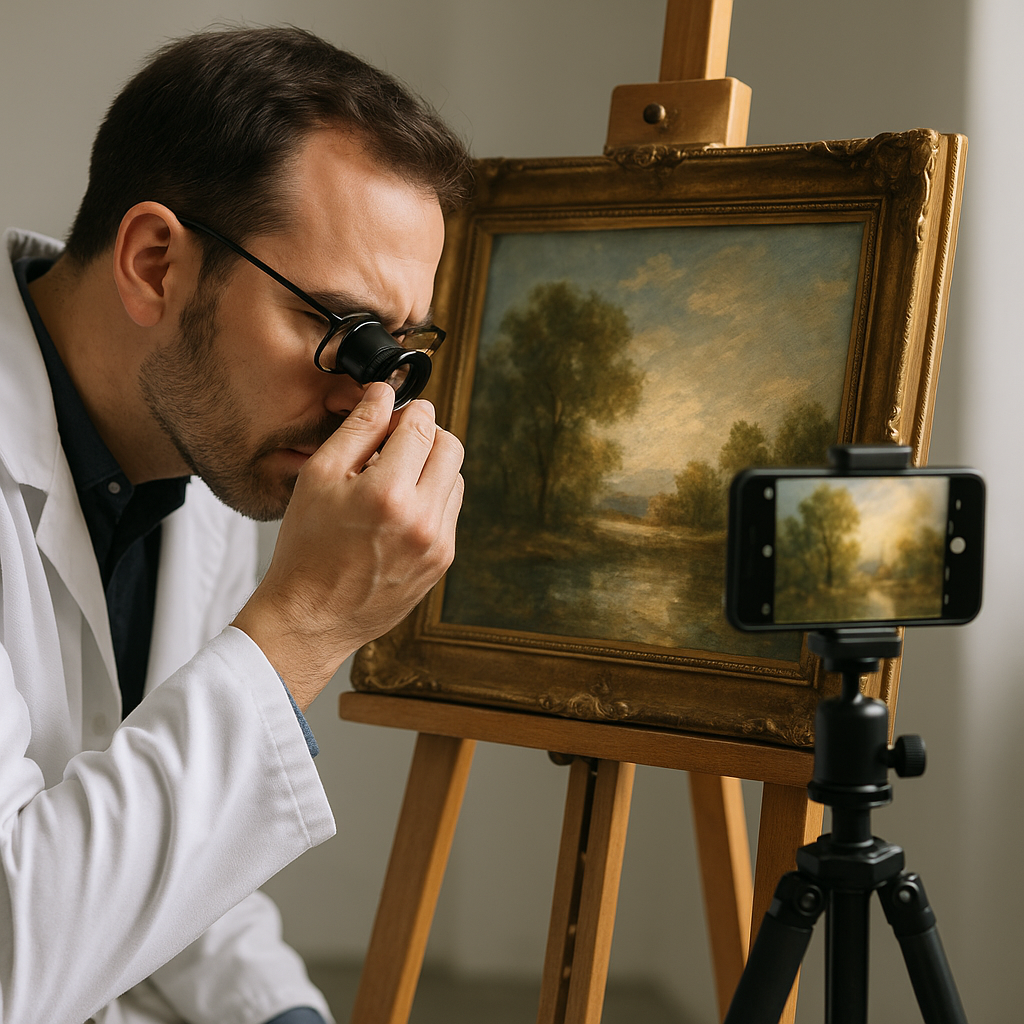 Art appraisal context image for checking artwork, signature, medium, condition, provenance, labels, and documentation