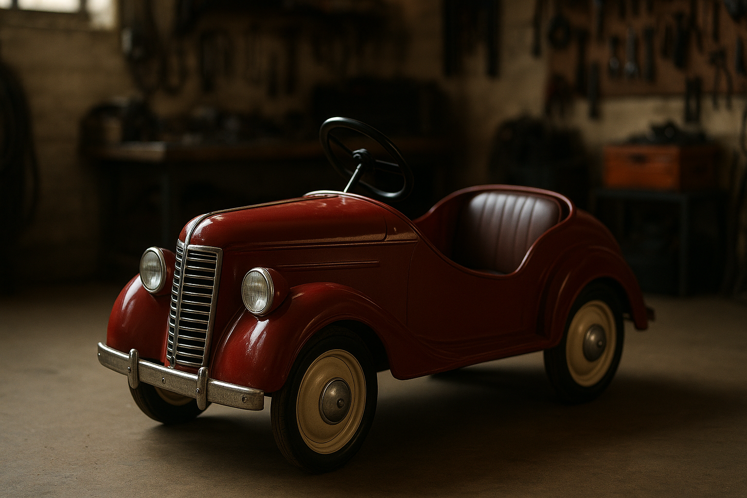 Antique toy pedal car identification context image showing body form, wheels, trim, paint, and condition signals