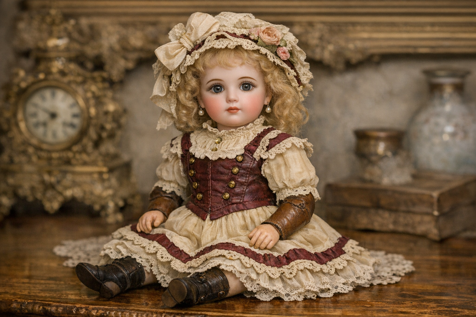 Antique bisque doll identification context image showing head, face, body, costume, and condition details