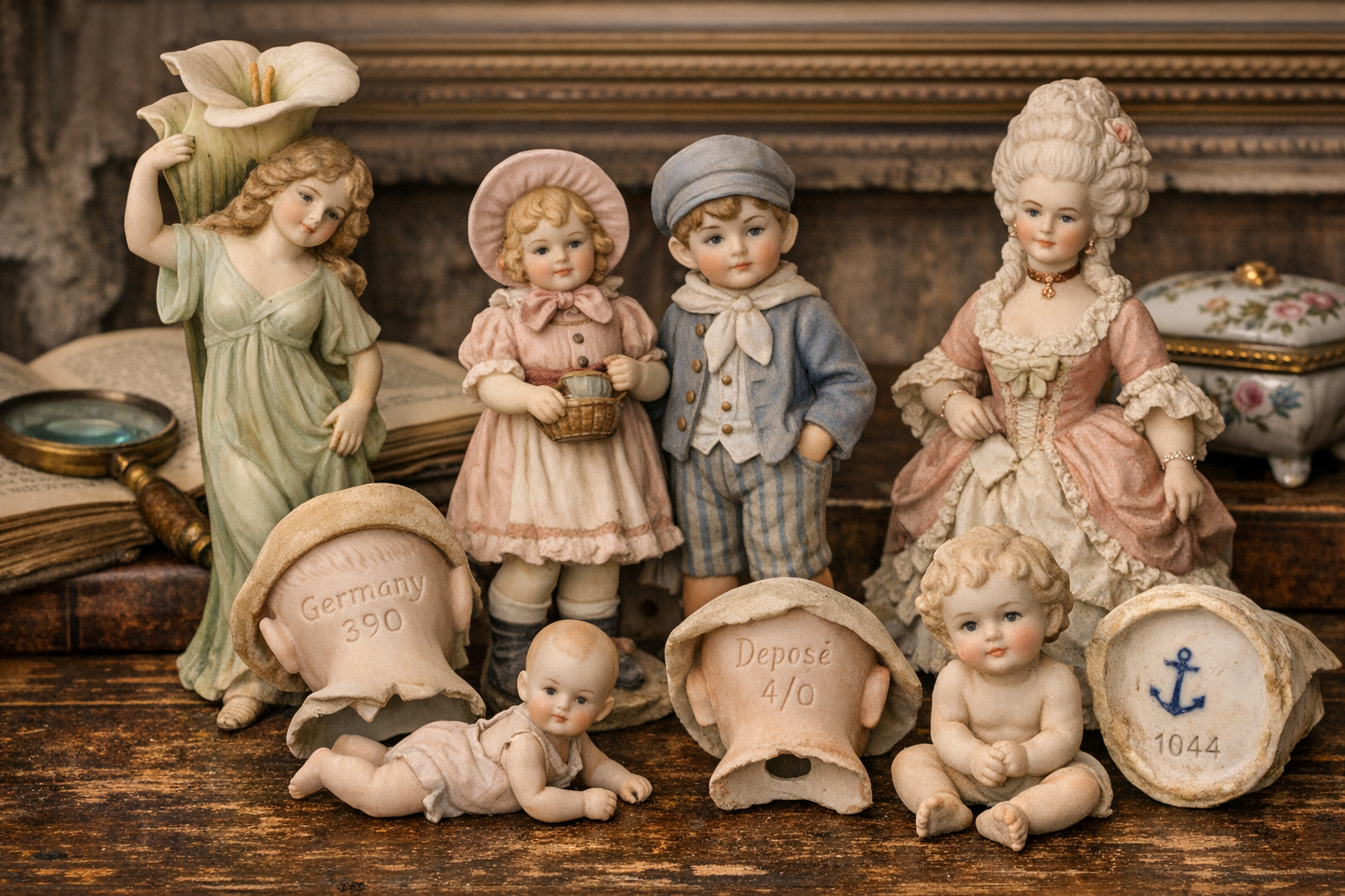 Antique bisque figurine identification context image showing matte porcelain texture, molded detail, base, and condition clues