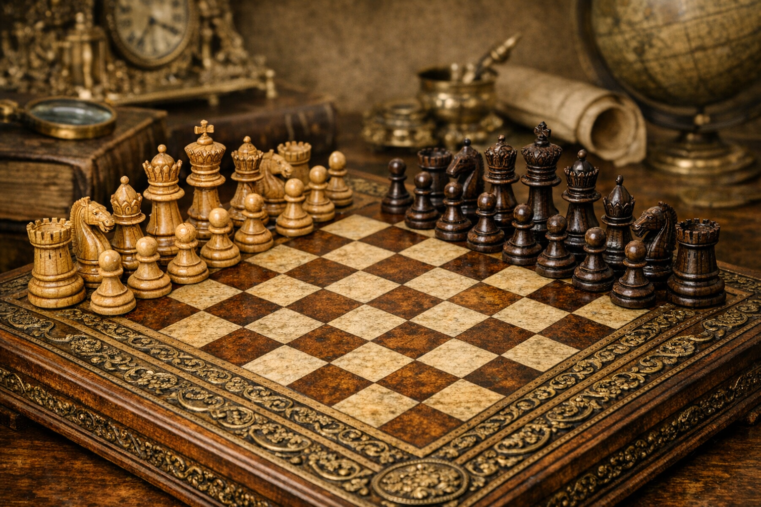 Antique chess set identification context image showing pieces, materials, carving, bases, board, and storage box clues