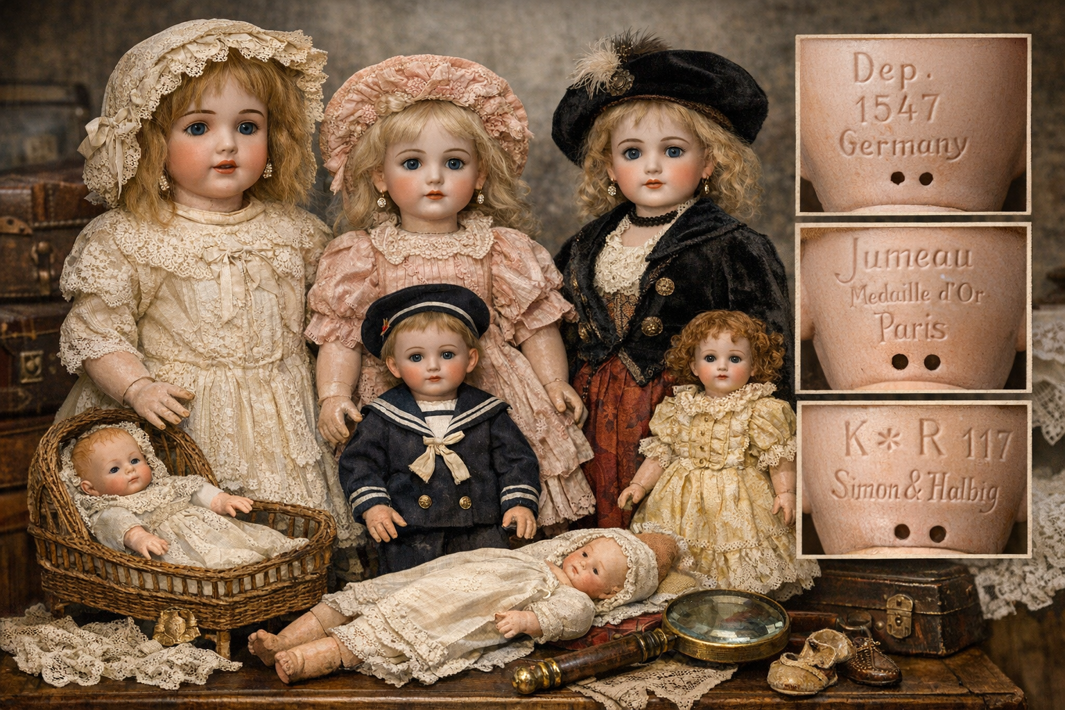 Antique doll identification context image showing doll materials, faces, clothing, construction, and condition clues