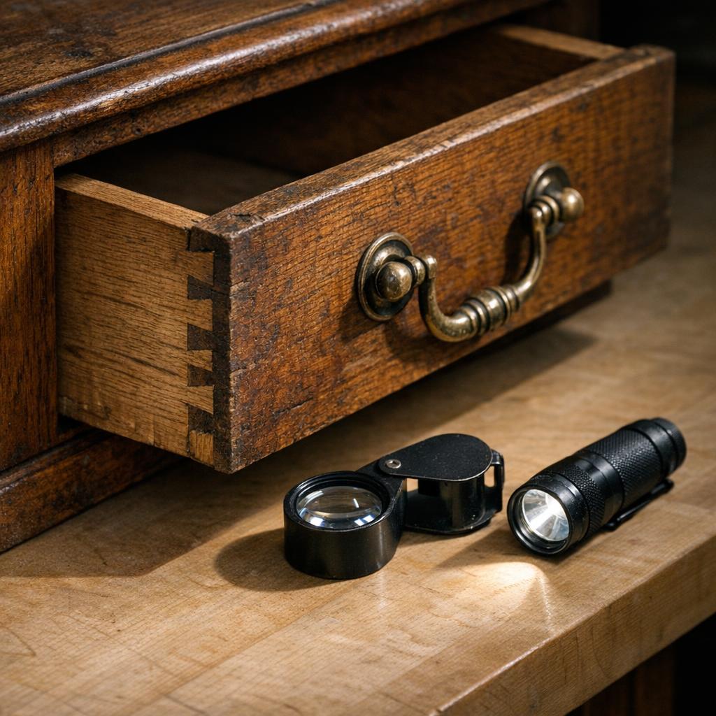 Antique furniture identification context image showing marks, wood, joinery, hardware, finish, and wear clues