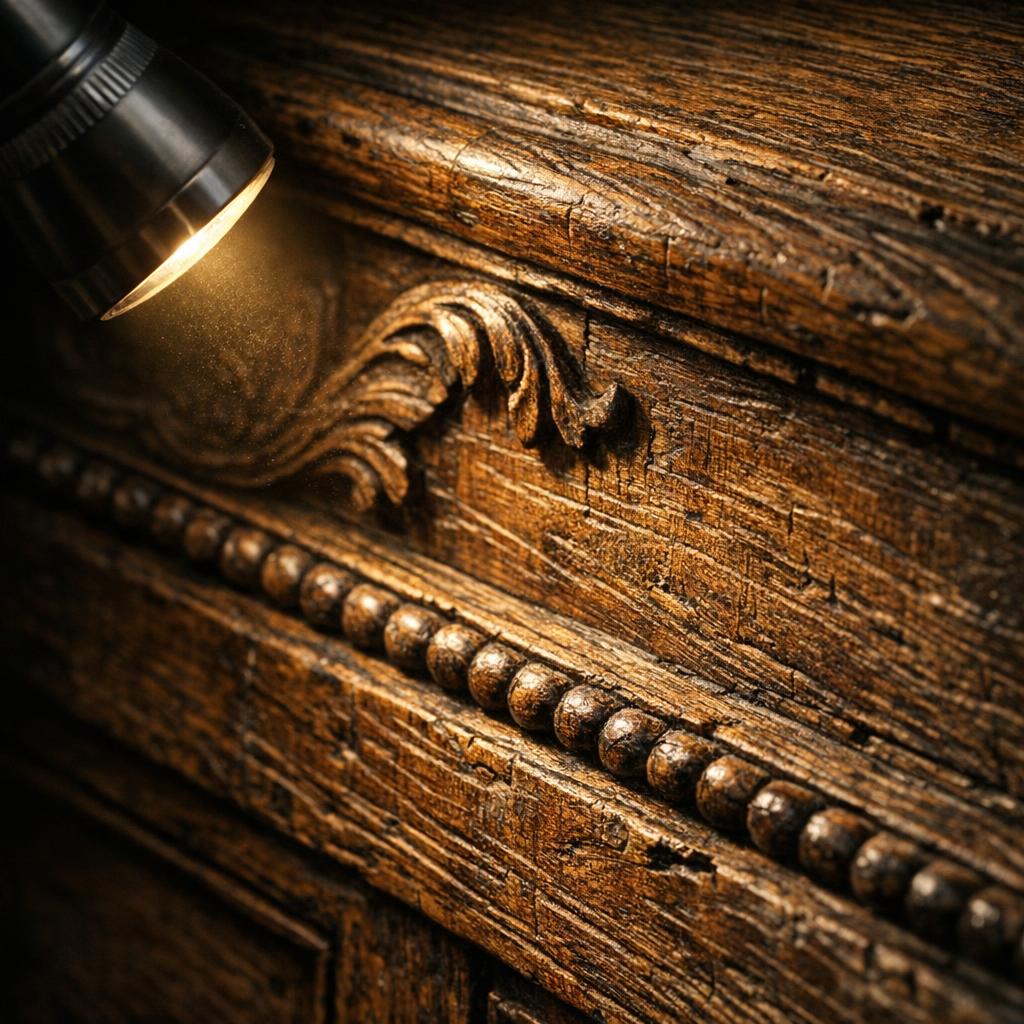 Antique furniture marks identification context image showing raking light, stamps, labels, wood, joinery, and finish clues