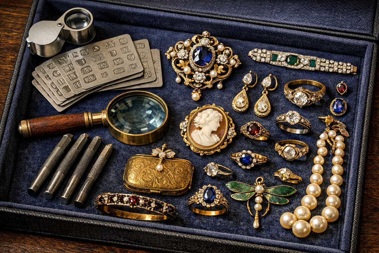 Antique jewelry identification context image showing hallmarks, metal, stones, settings, clasps, motifs, and condition clues