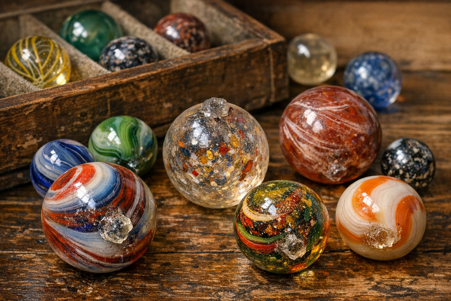 Antique marble identification context image showing handmade marbles, pontil marks, swirls, glass color, and surface wear clues