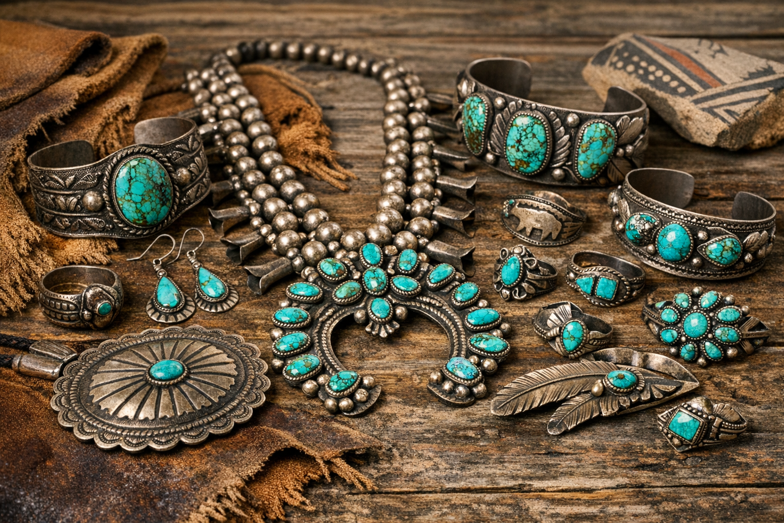 Antique Native American jewelry identification context image showing silverwork, turquoise, hallmarks, motifs, construction, and wear clues
