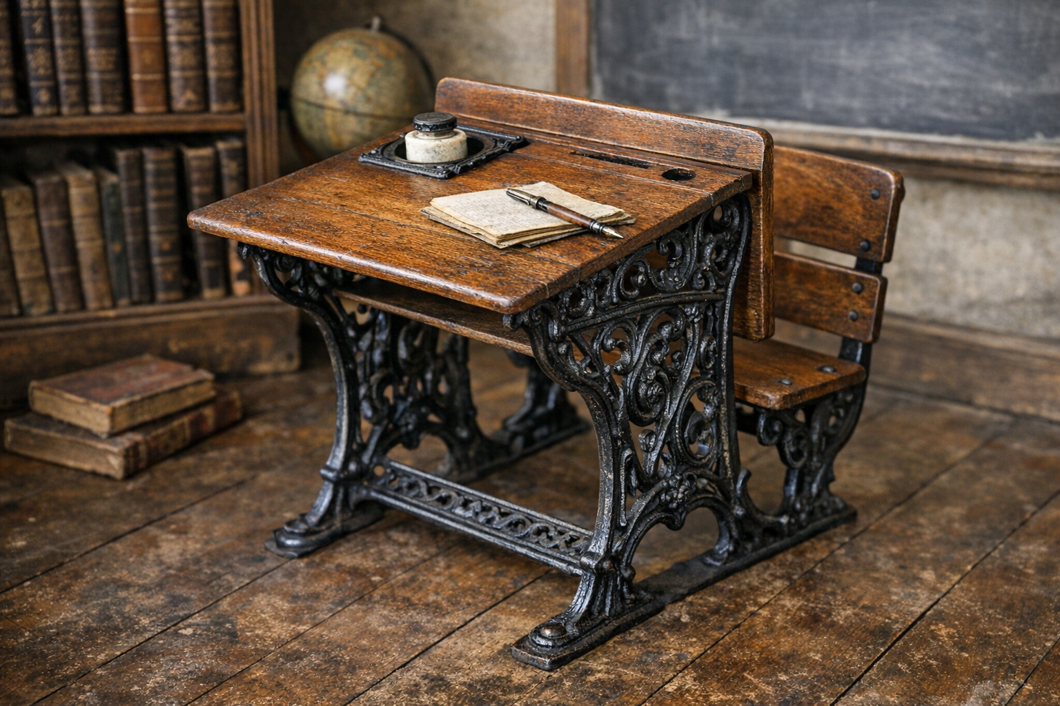 Antique school desk identification context image showing cast iron supports, wood seat, writing surface, hardware, and condition clues