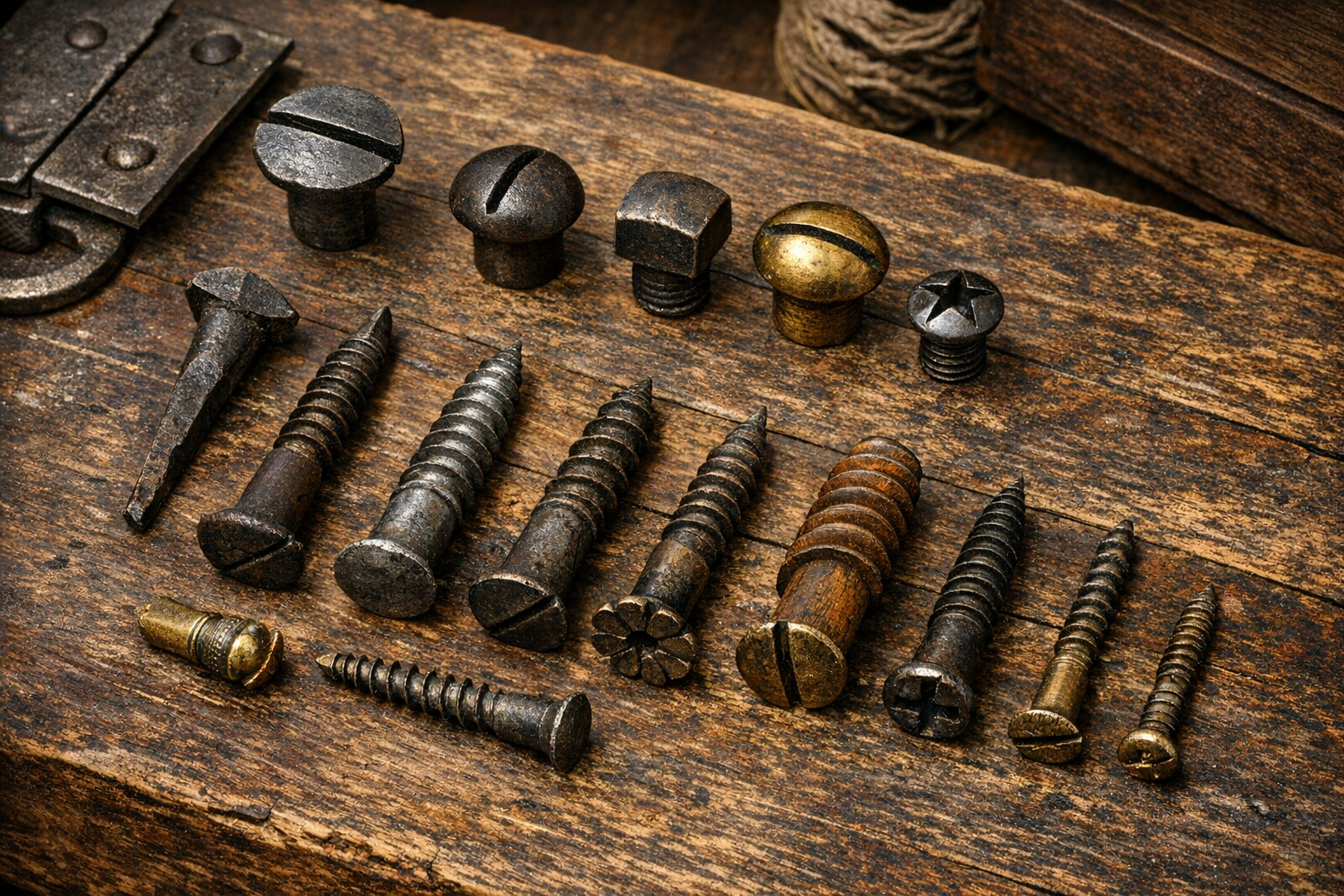 Antique screw identification context image showing slotted heads, thread forms, shank taper, metal, and oxidation clues