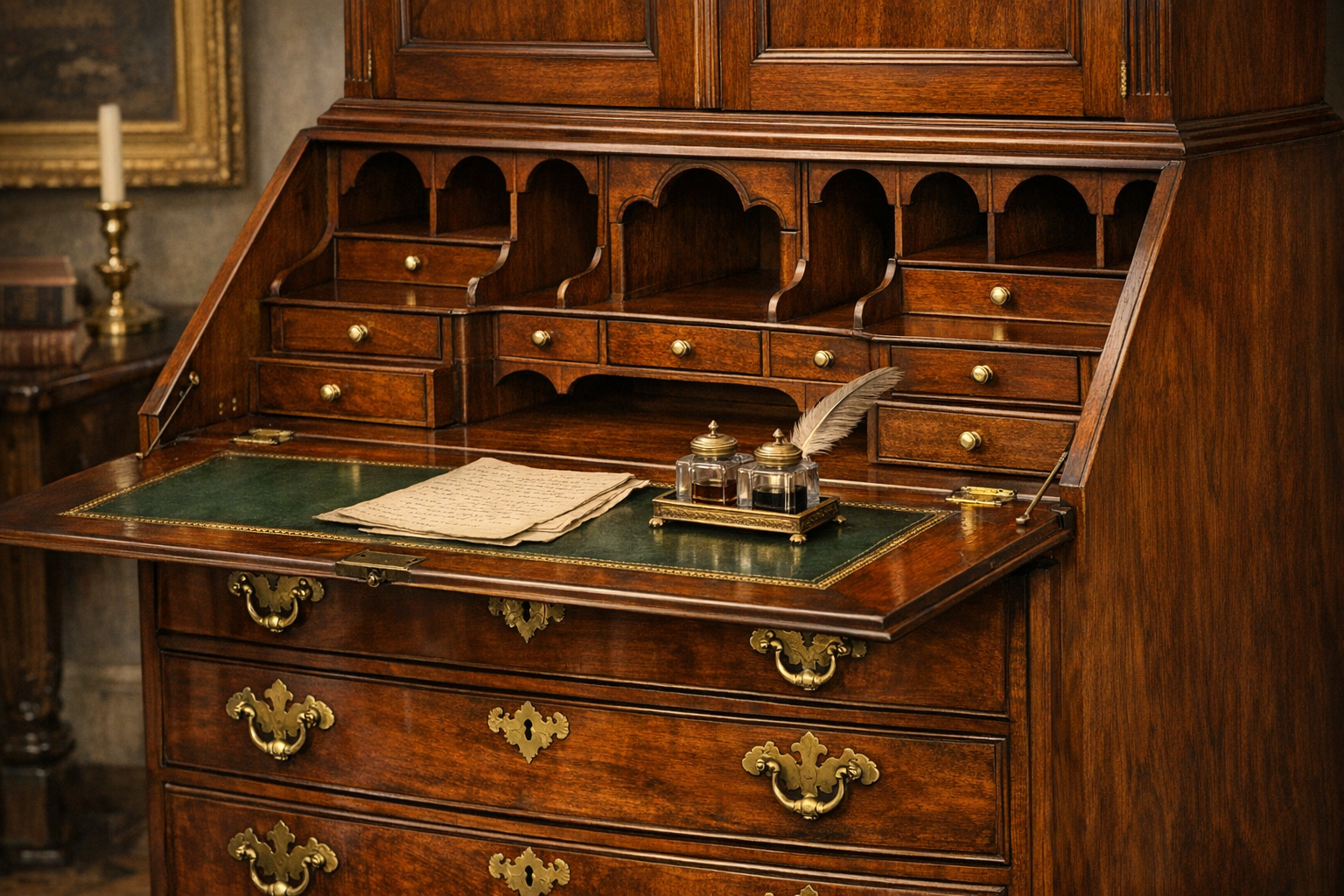 Antique secretary desk identification context image showing fall-front form, interior compartments, wood, hardware, and patina clues