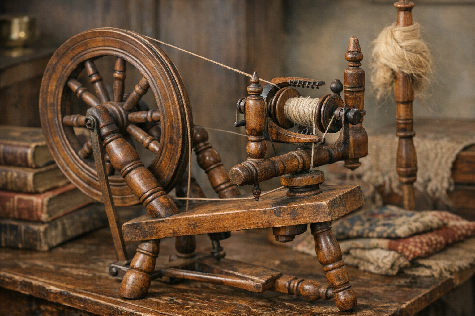Antique spinning wheel identification context image showing wheel, flyer, treadle, wood, turnings, and wear clues
