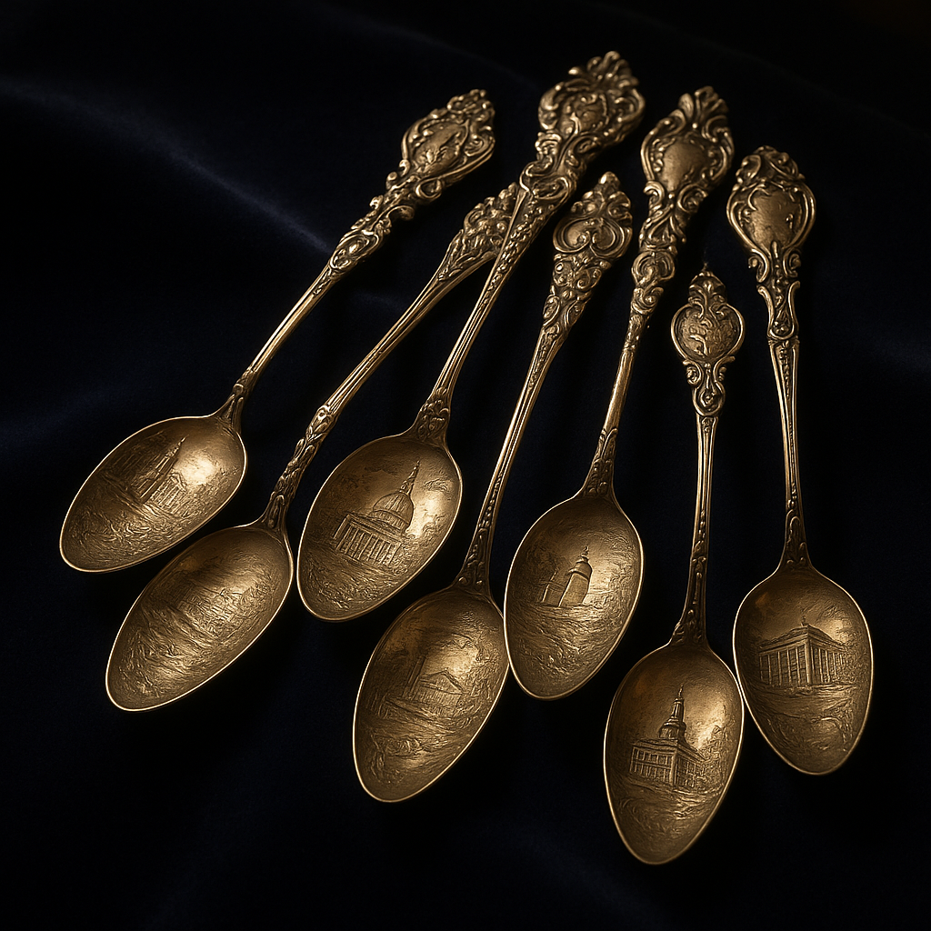 Antique souvenir spoons with ornate handles and engraved bowls