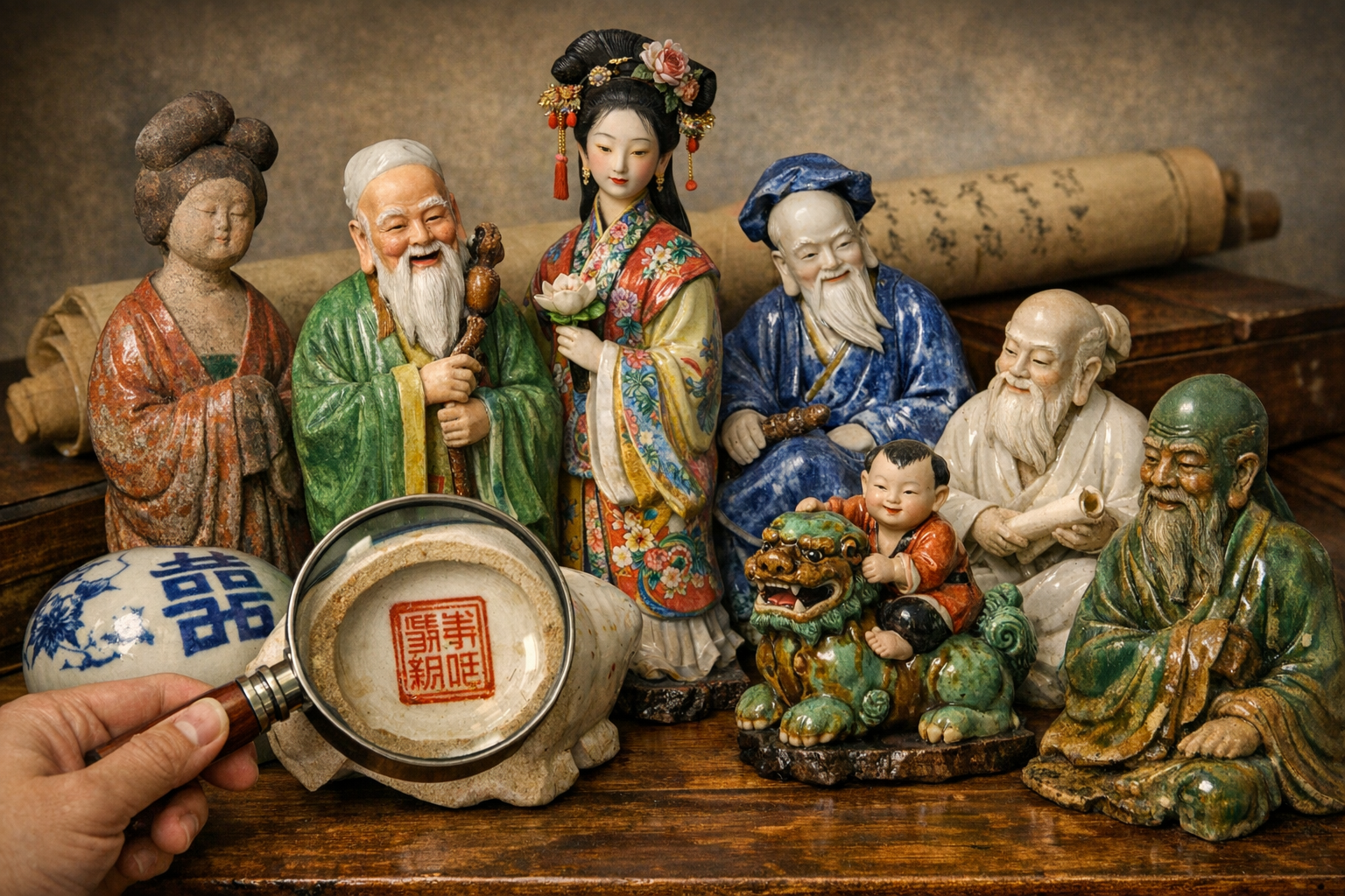 Chinese figurine identification context image showing porcelain figurines, marks, glaze, base, decoration, and condition clues