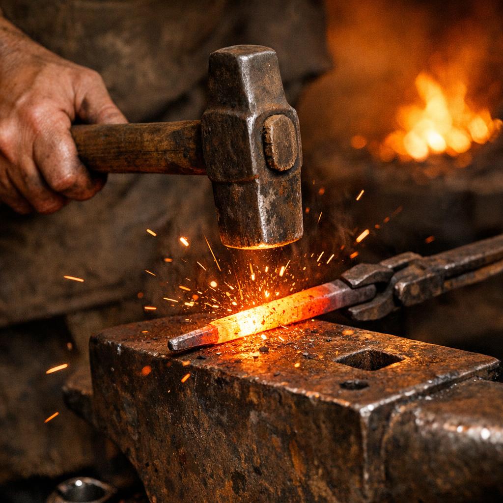 Blacksmith hand-forging a nail on an anvil, glowing hot iron being hammered into a square tapered shank