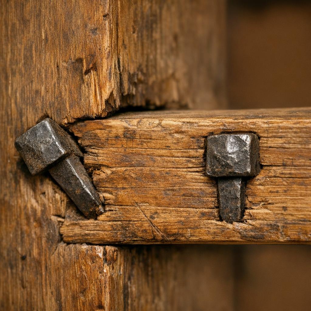 Antique wooden furniture joint secured with hand-forged square nails showing authentic 18th century construction