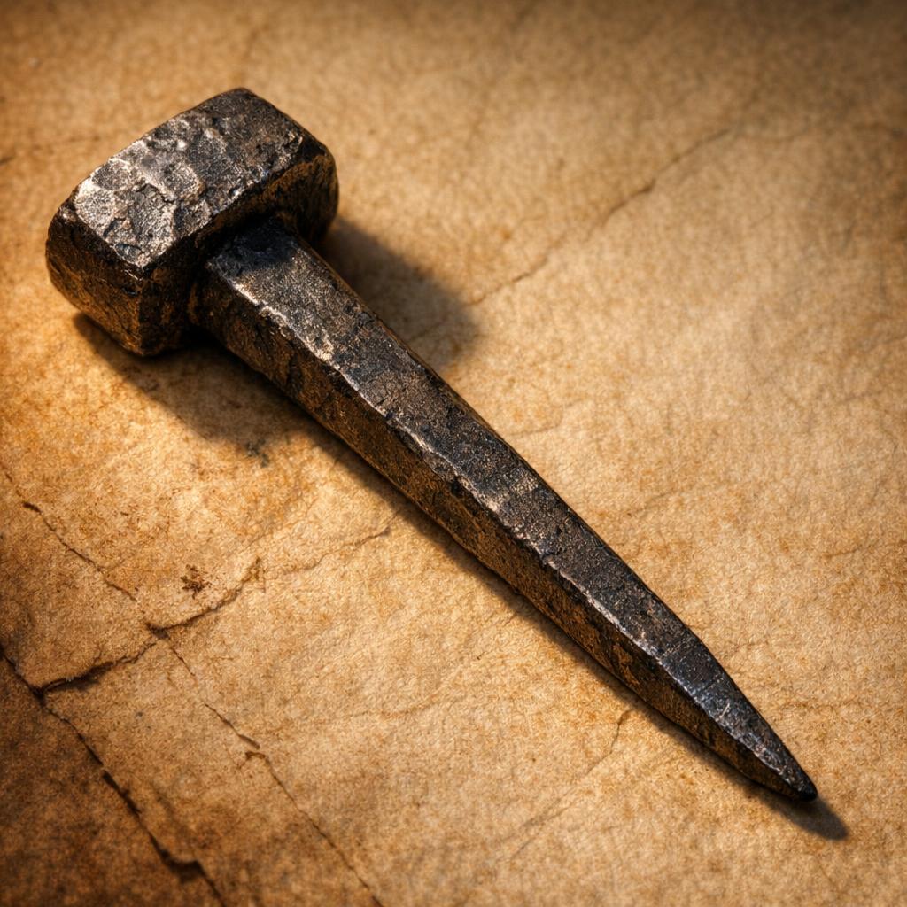Close-up of hand-forged nail head showing irregular domed hammer-struck surface with uneven edges and dark patina