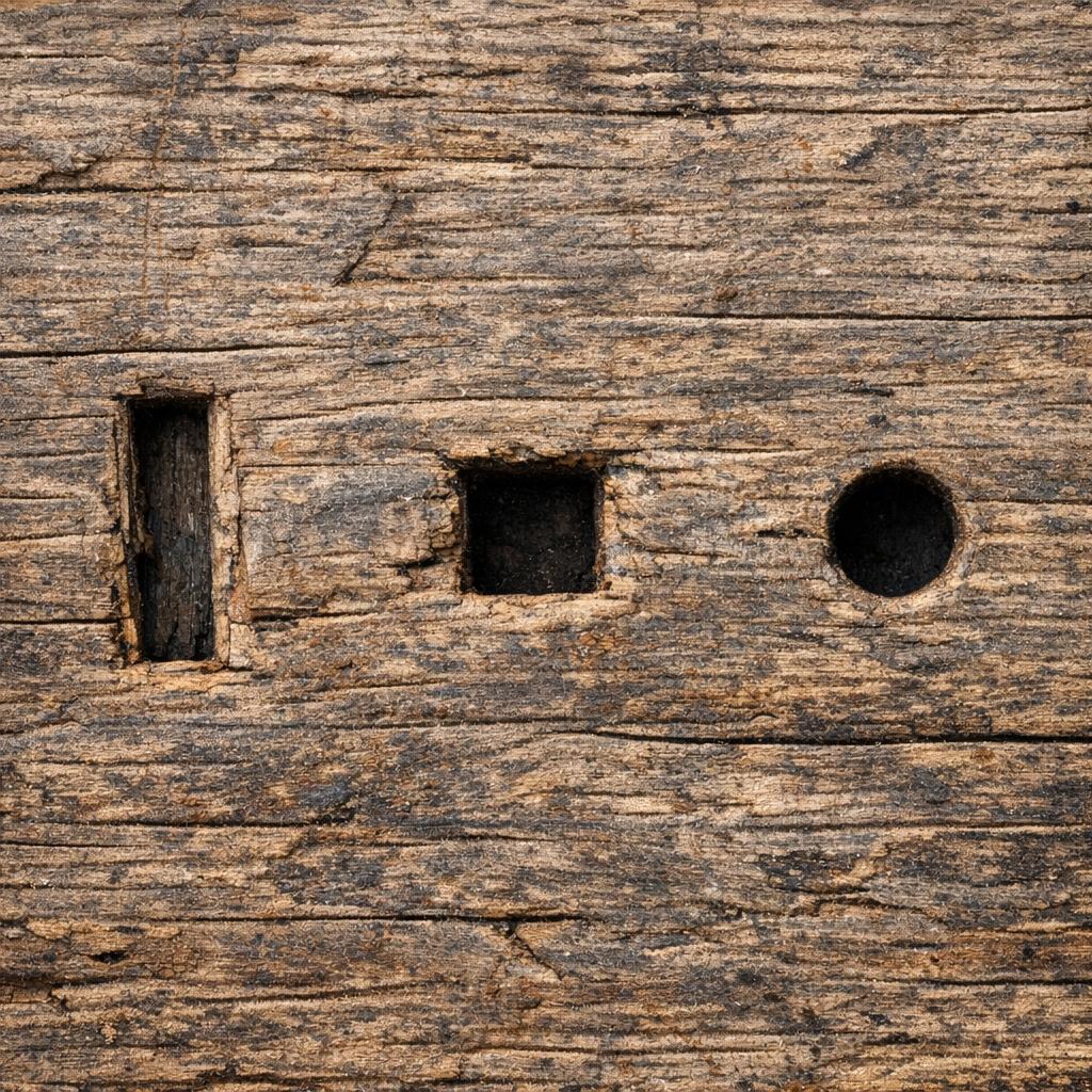 Old wooden board showing nail holes left by different nail types: rectangular, square, and round