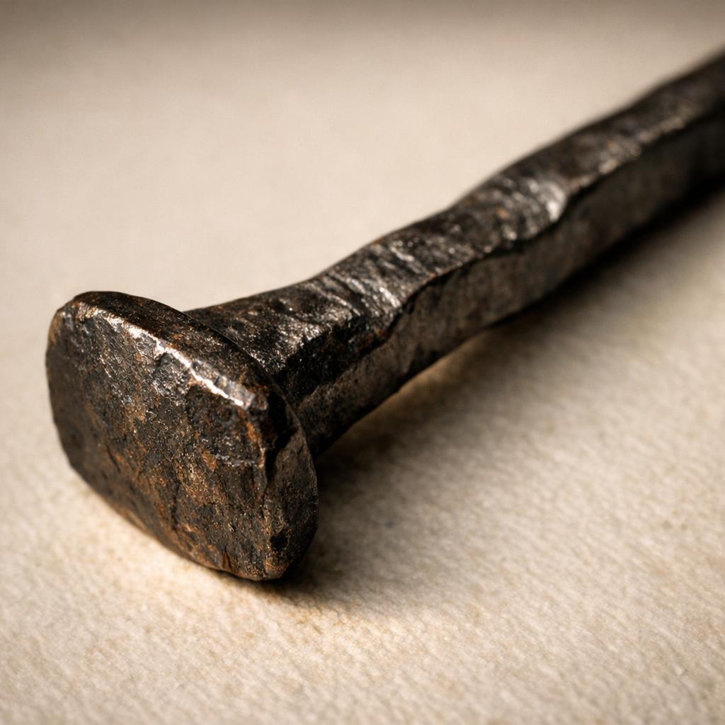 Hand-forged square nail from the 1700s showing irregular hammer marks under warm raking light