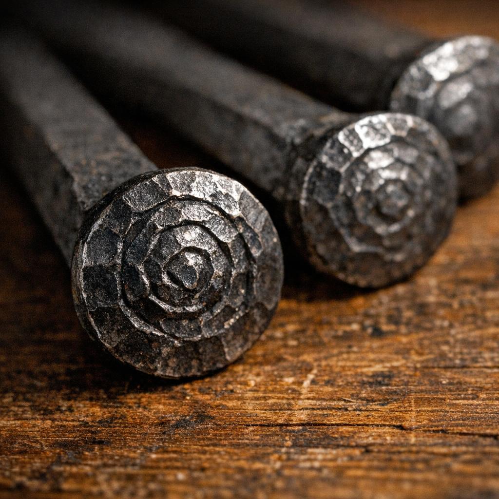 Rose head cut nail from the 1800s showing distinctive circular hammered head pattern and rectangular tapered shaft
