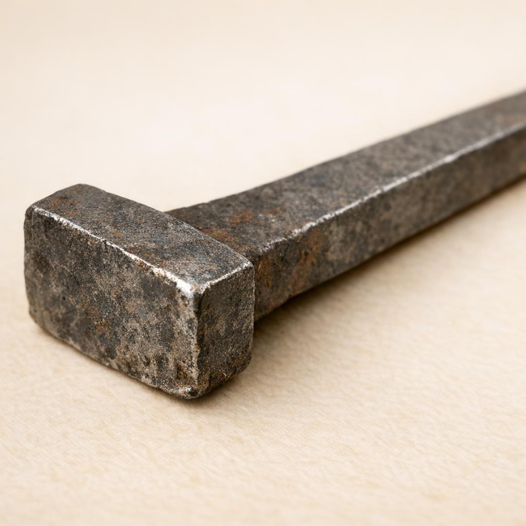 Machine-cut nail from the 1800s showing straight parallel shear lines on the rectangular shaft