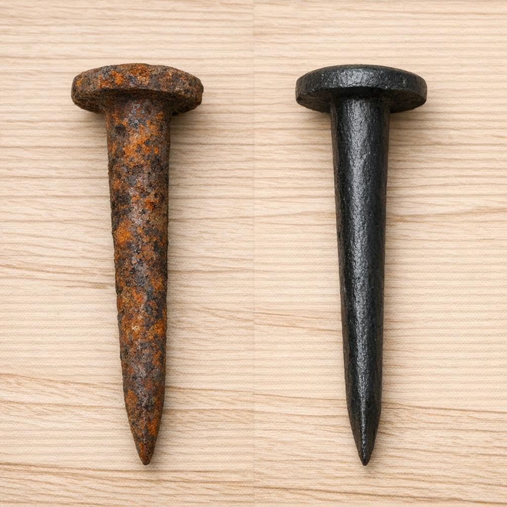 Side-by-side comparison of authentic aged nail with natural rust patina versus artificially darkened modern reproduction