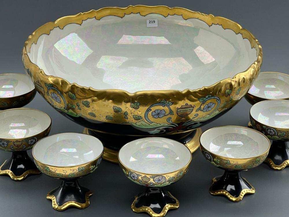 Spectacular Tressemann & Vogt Limoges Art Nouveau Painted Porcelain Punch Bowl 7 Cups Set c 1910 T&V Limoges France Meticulously Hand Painte at Vidi Vici Gallery lot 219