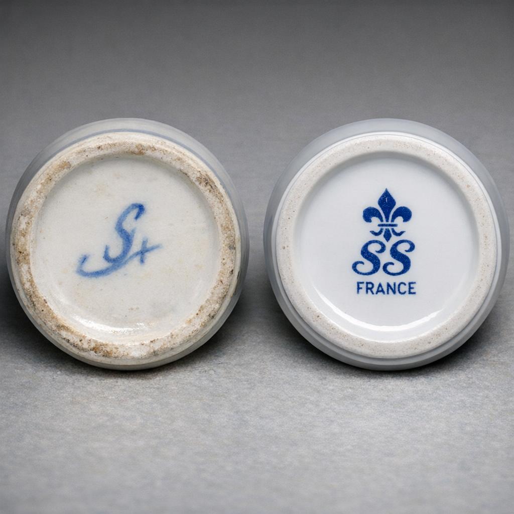 Side-by-side comparison of softer antique stamp edges versus overly crisp modern reproduction stamp.