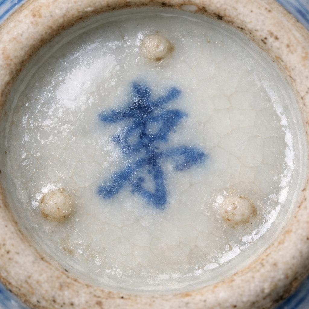 Close-up of a cobalt blue underglaze porcelain mark with kiln wear details.