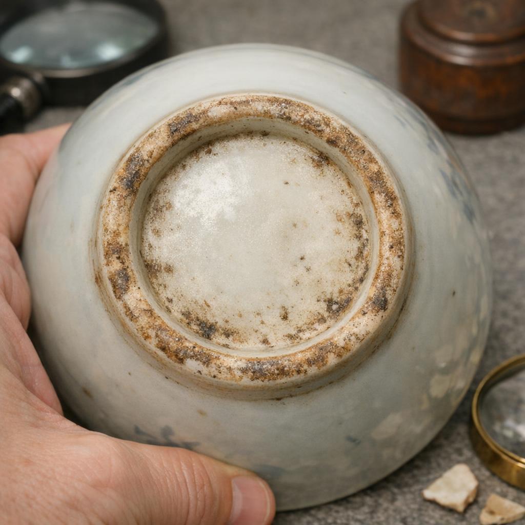 Foot ring of vintage porcelain showing natural shelf wear and grime accumulation.