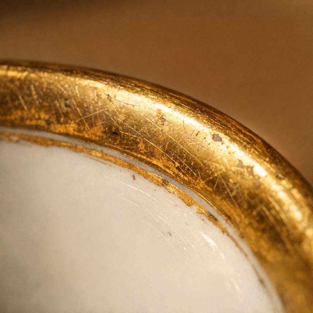 Gilded porcelain rim with realistic age wear and fine abrasion lines.