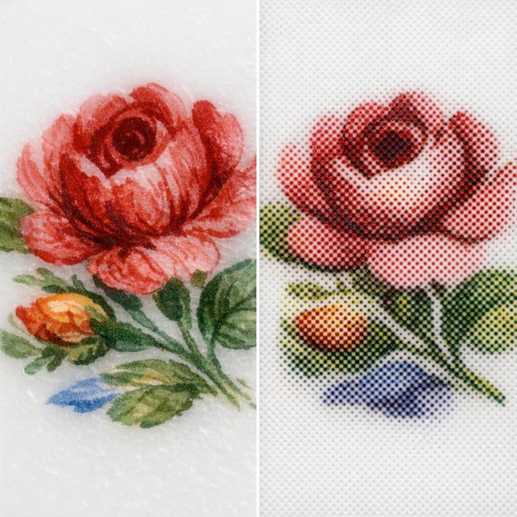 Comparison between hand-painted ceramic detail and transfer-print dot pattern.