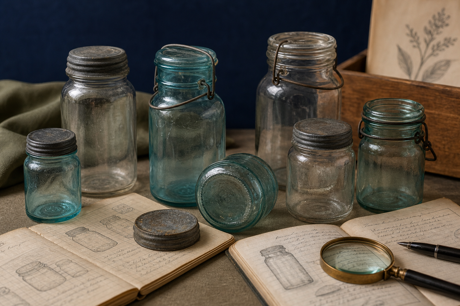 Generated editorial image of old Mason-style jars, lids, and base details on an appraisal table