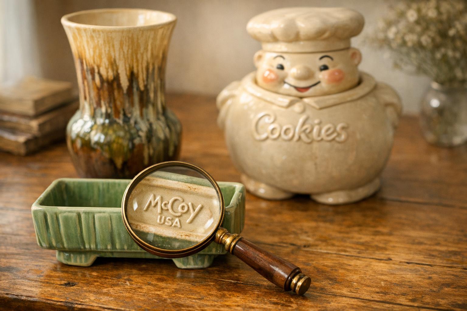 Collection of vintage McCoy pottery pieces including a McCoy vase, planter, and cookie jar arranged on a warm wooden table with a magnifying glass resting on the underside mark