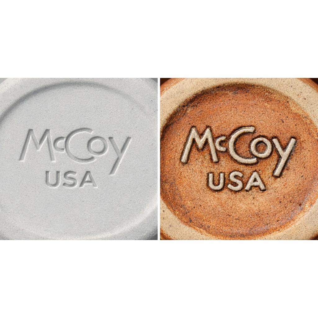 Side-by-side comparison showing a reproduction McCoy mark that is shallow and overly crisp versus an authentic mark with deeper incised letters and natural glaze filling
