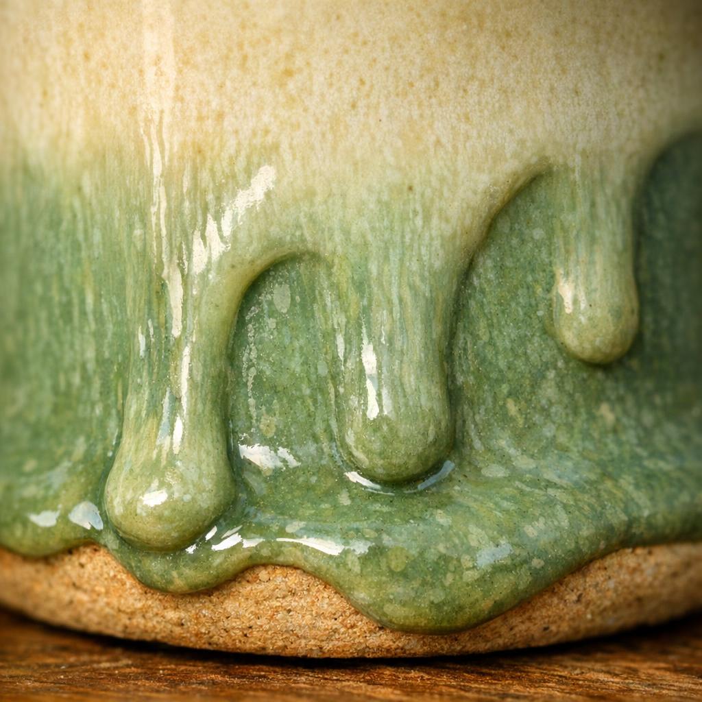 Macro photograph of McCoy drip glaze showing thick characteristic pooling at the base with visible drip lines