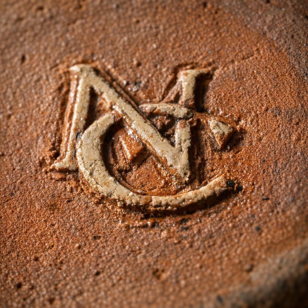 Close-up of an overlapping NM McCoy pottery mark incised into unglazed clay, showing the depth and natural wear of an authentic pre-1939 mark under raking light