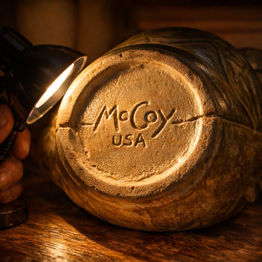 McCoy pottery piece being examined with a desk lamp at a low raking angle, revealing surface texture, mold seams, and mark depth