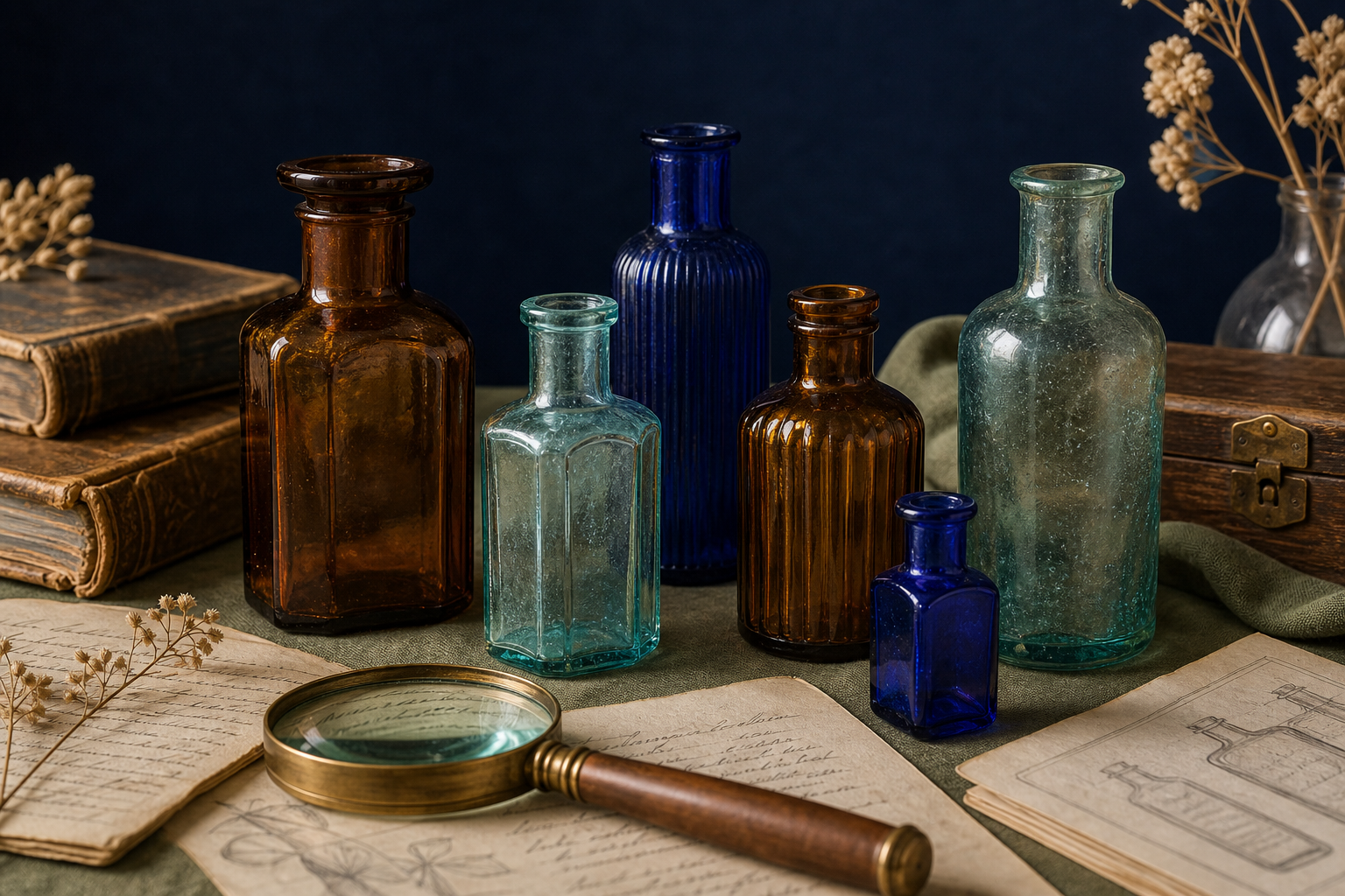 Generated editorial image of old medicine and apothecary bottles on an appraisal table