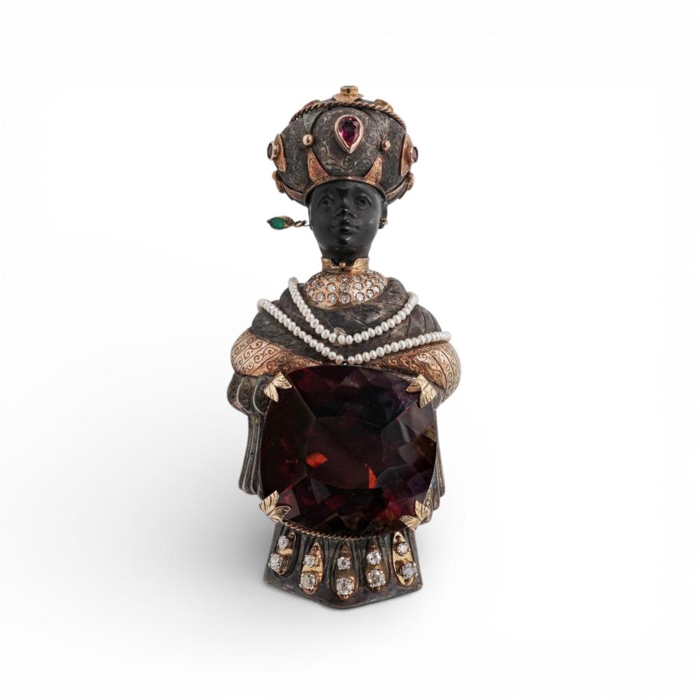 Auction comp thumbnail for Vintage Italian Blackamoor Silver 18k Gold & Multi Gem Brooch (Akiba Galleries, Lot 18)