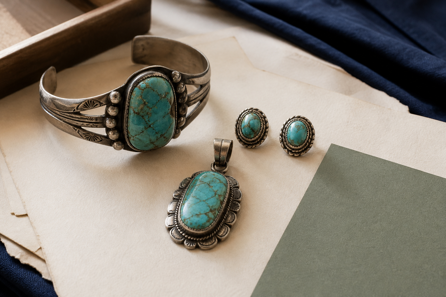 Generated editorial image of turquoise and silver jewelry details