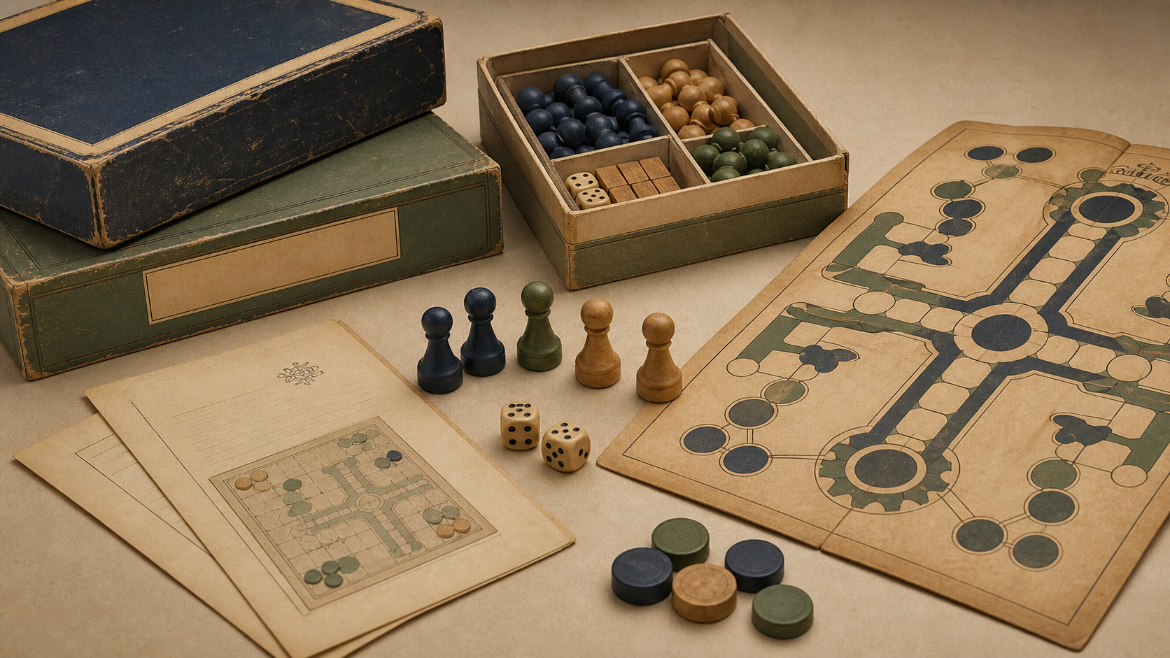 Generated editorial image of vintage board games on an appraisal table
