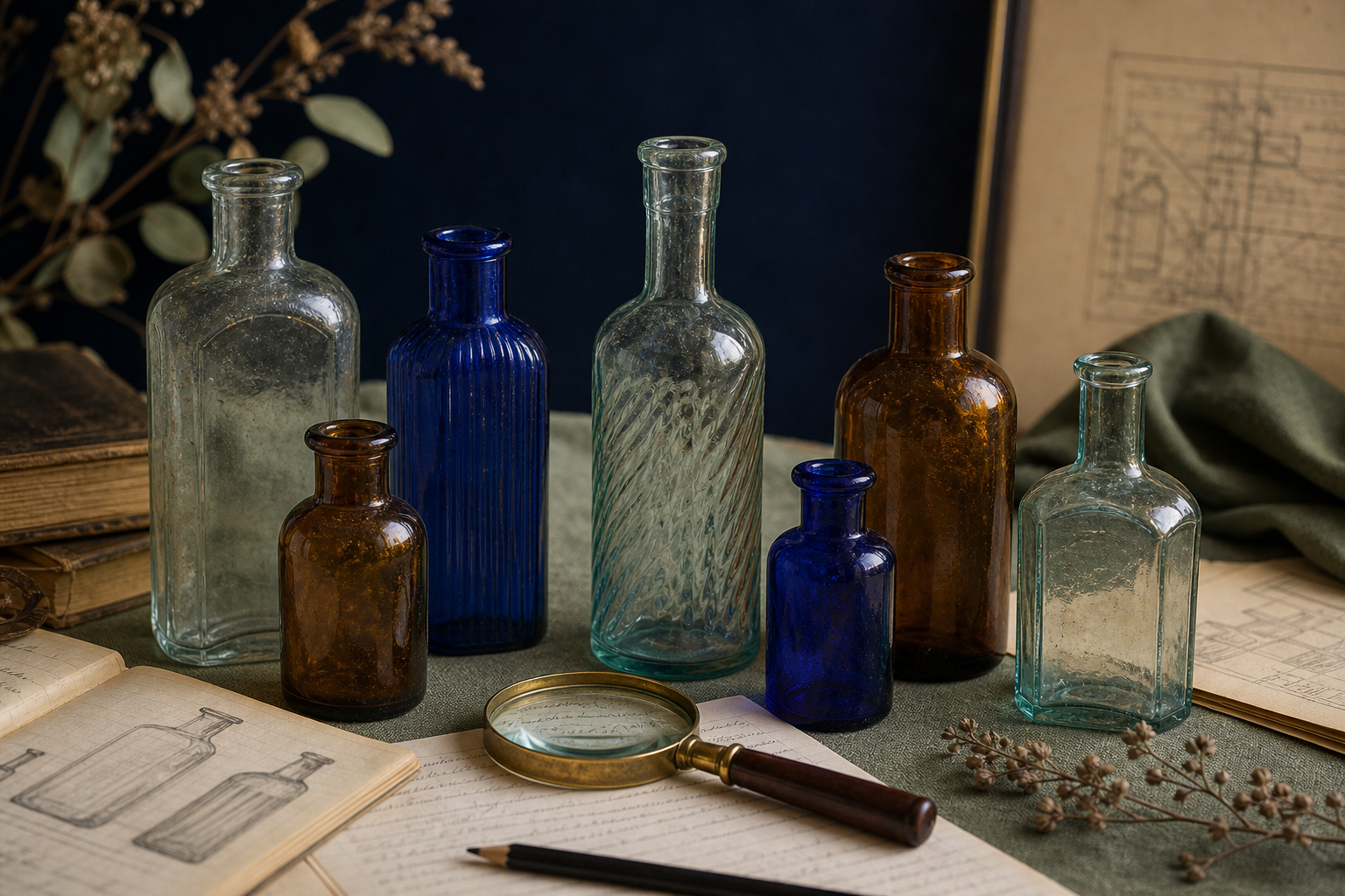 Generated editorial image of old bottles being identified on an appraisal table