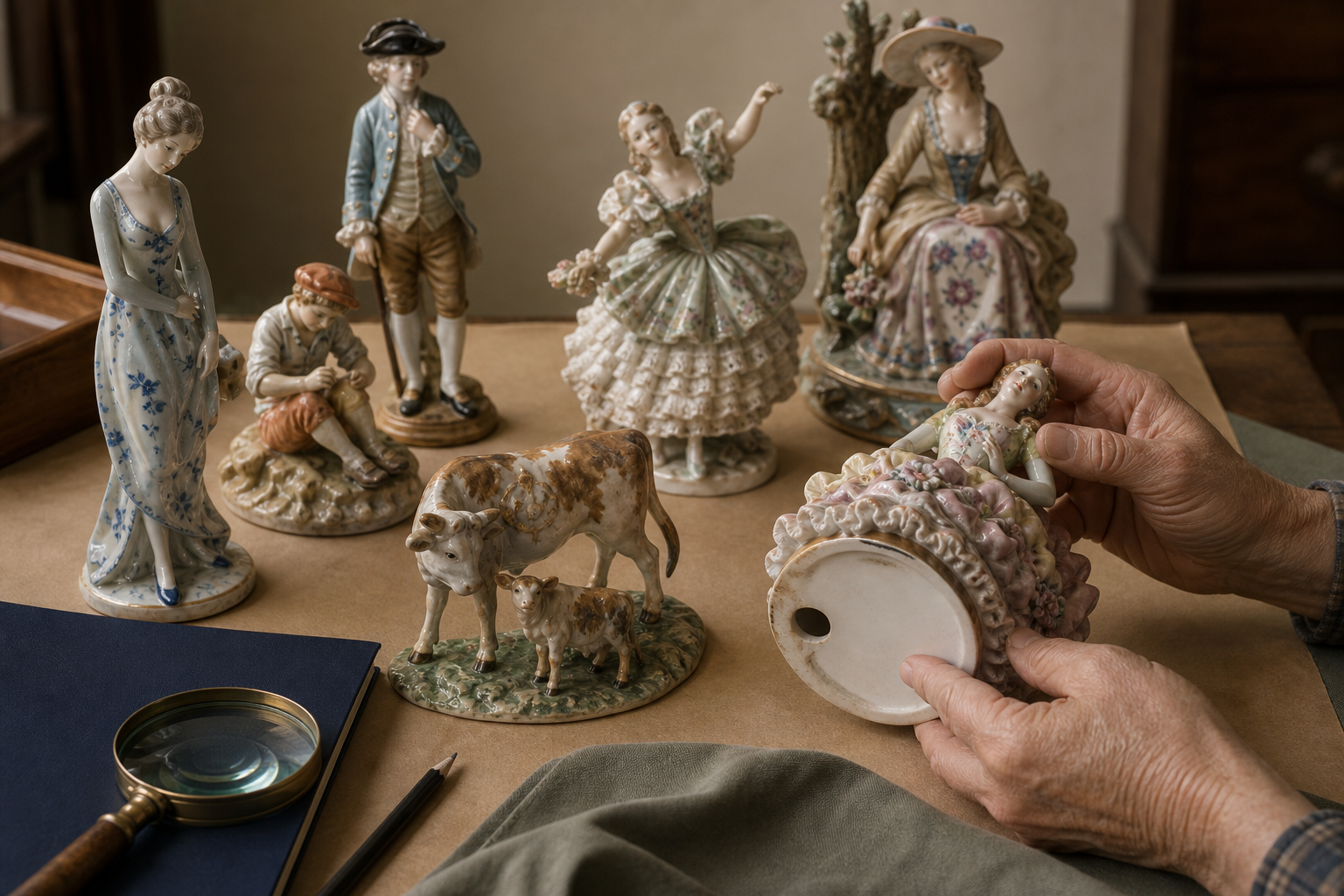 Generated editorial image of old ceramic figurines arranged for identification