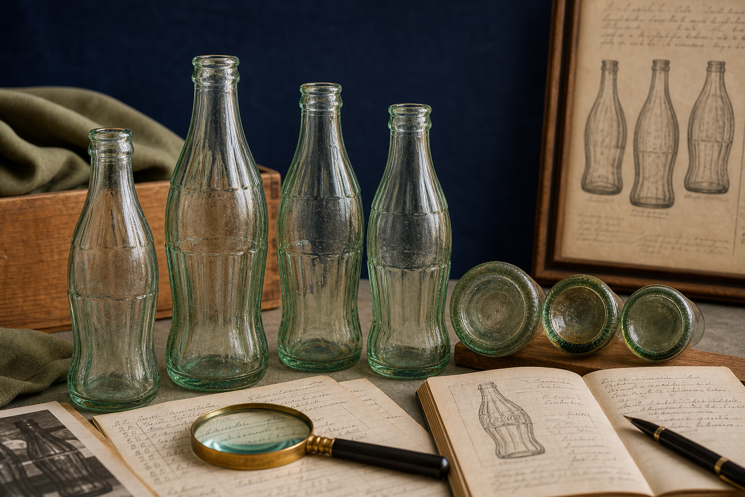 Generated editorial image of green soda bottle silhouettes and base marks on an appraisal table