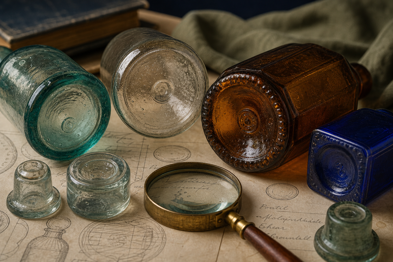 Generated editorial image of old glass bases and maker marks on an appraisal table