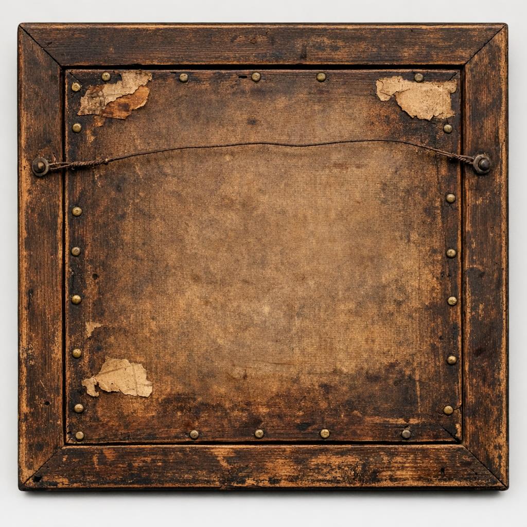 Back of antique picture frame showing oxidized wood backing with aged paper lining and brass tacks