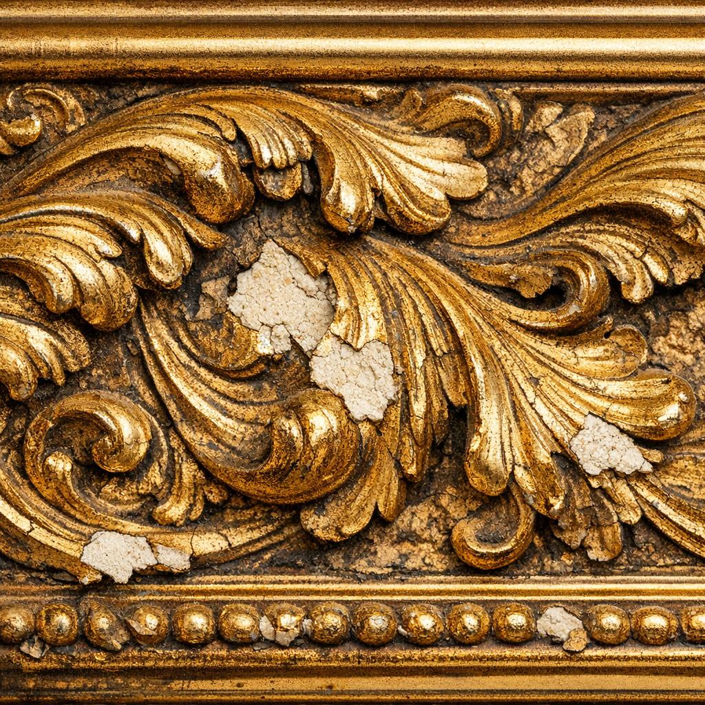 Victorian picture frame with composition ornament showing molded acanthus leaf pattern in gold leaf