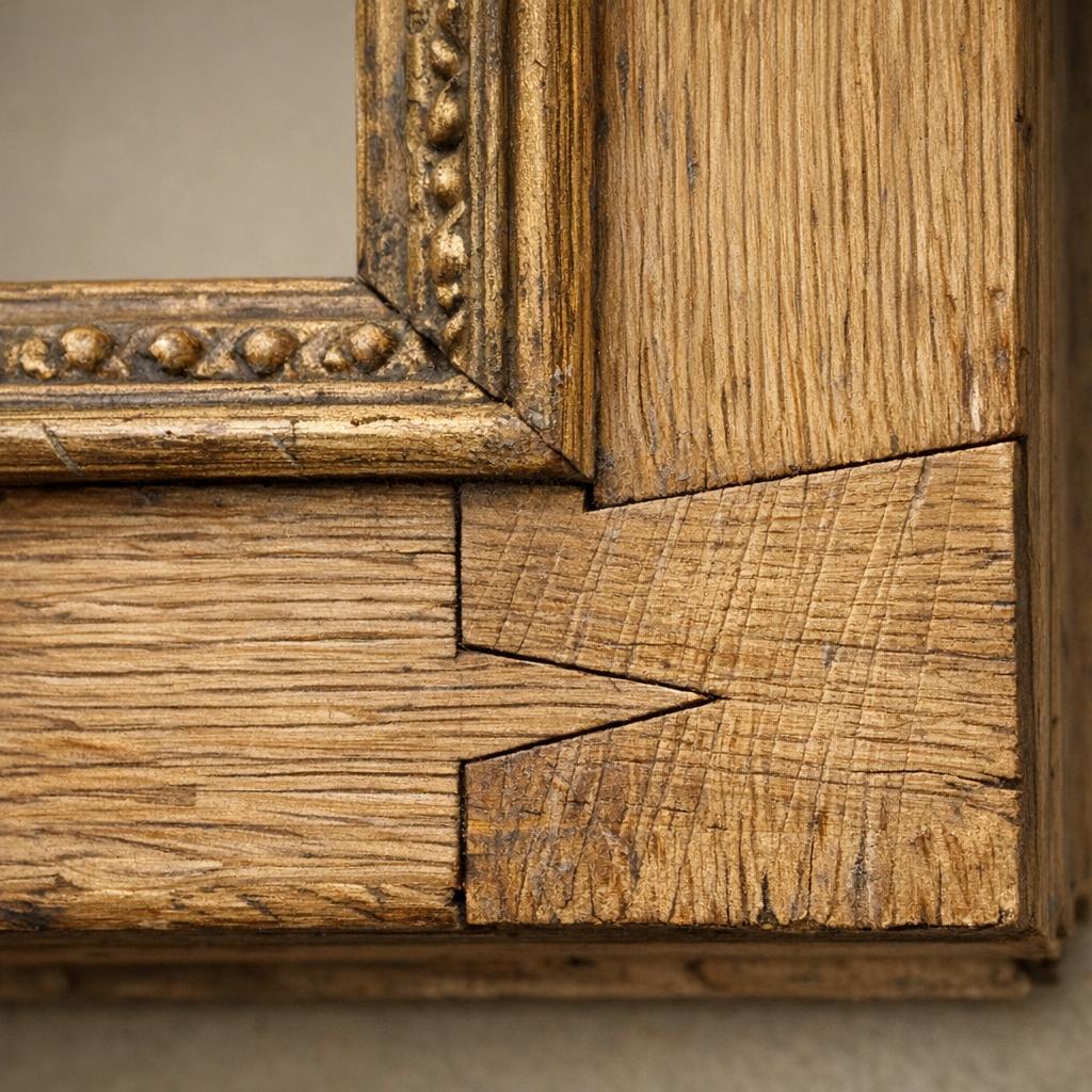 Close-up of hand-carved dovetail joint on antique oak picture frame corner
