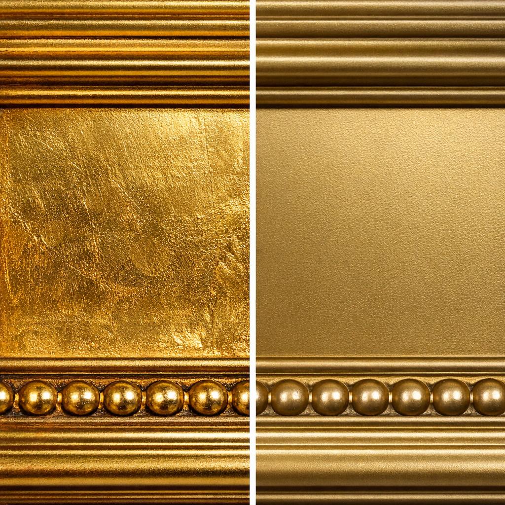 Side-by-side comparison of genuine 22-karat gold leaf versus modern gold paint on picture frame surfaces